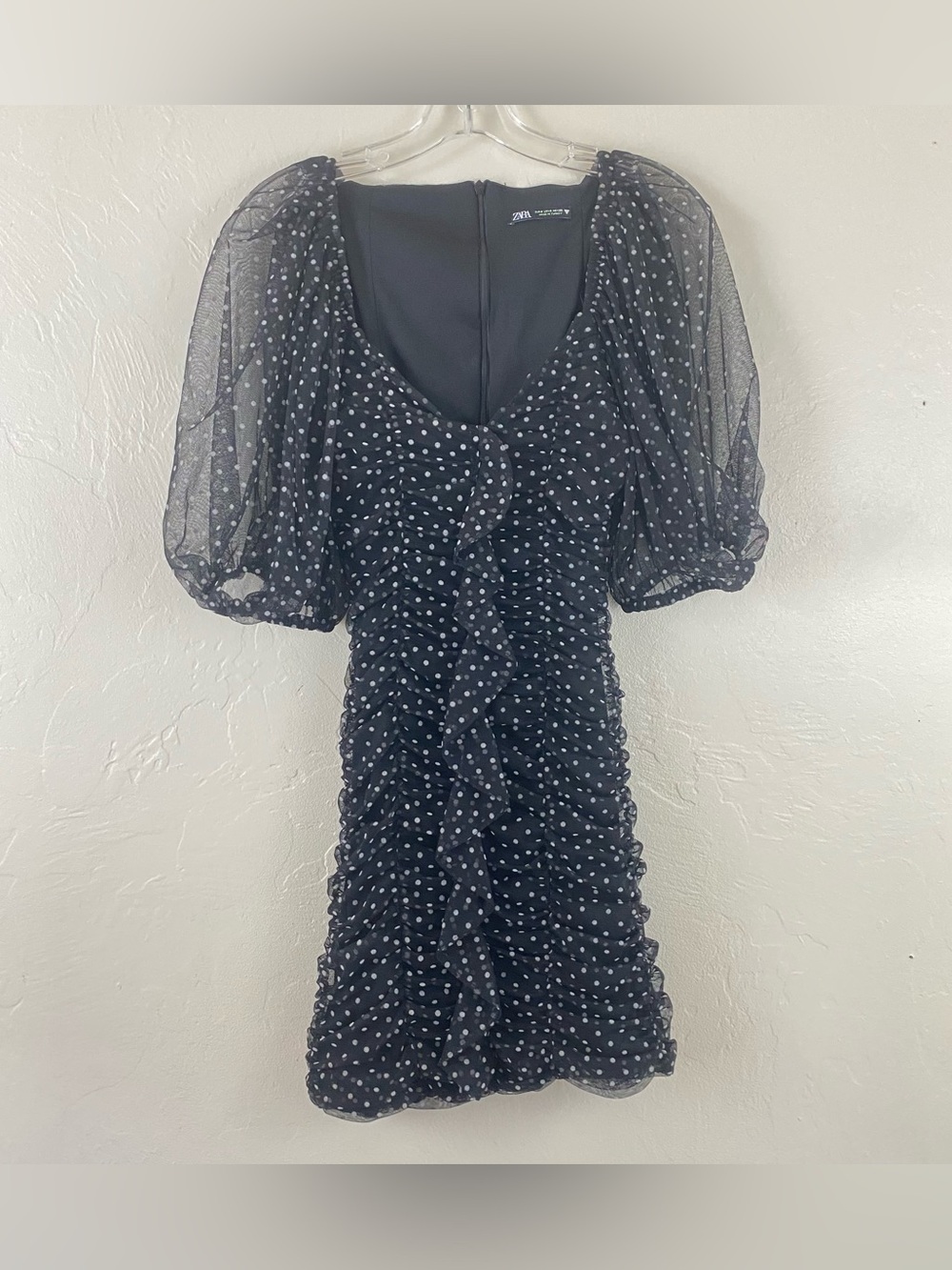 Zara Small Black & White Polka Dot Mesh Rushed Puffy Sleeve Back Zip Midi Dress